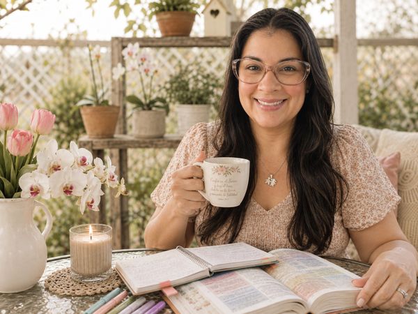 Woman enjoying a warm drink while studying at a cozy outdoor table.