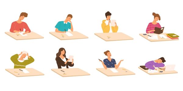 Illustration of diverse students exhibiting various emotions while taking an exam.