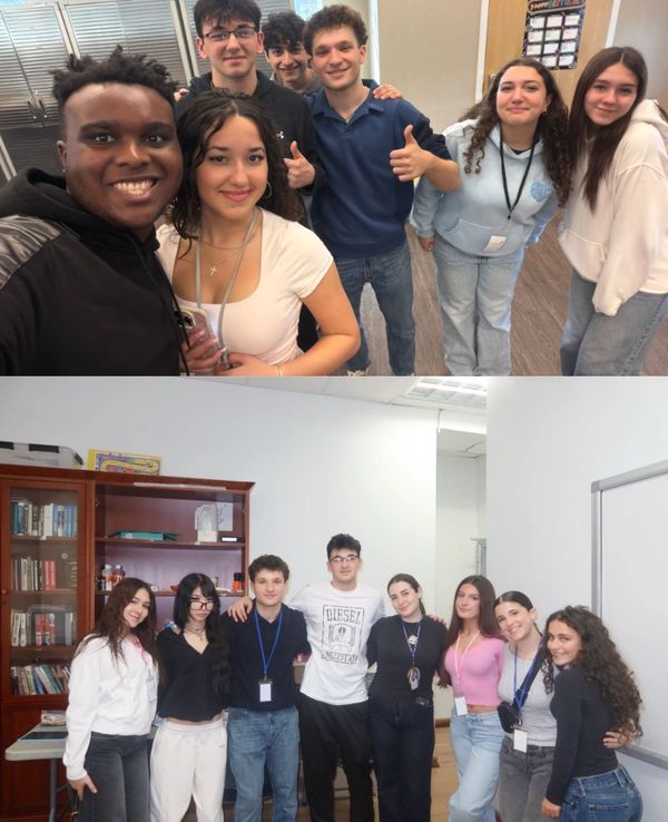 Two group photos of smiling young adults in casual attire, posing indoors.
