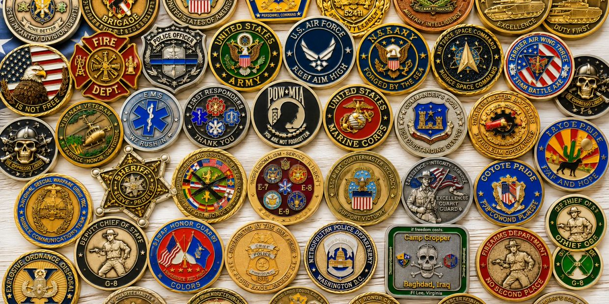 Collection of military and law enforcement challenge coins.