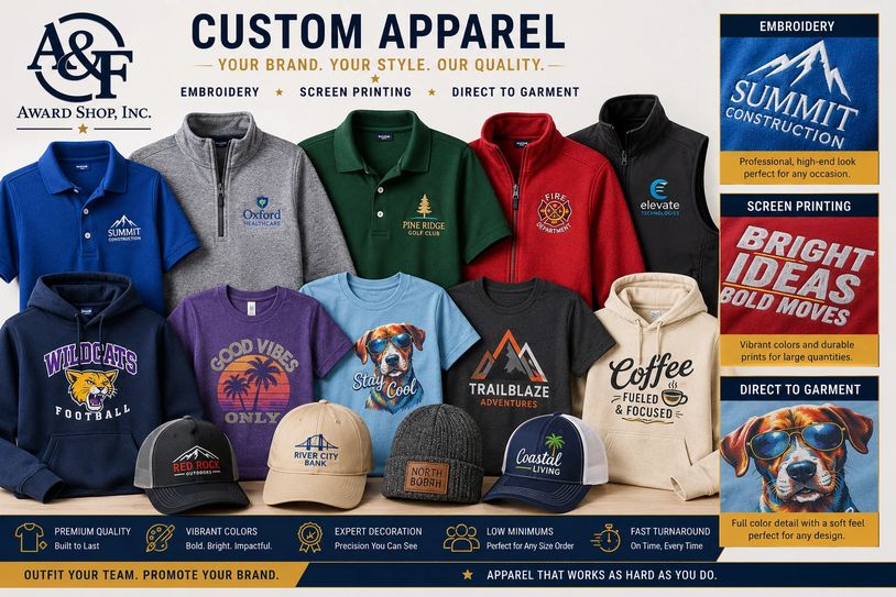 Custom apparel collection with embroidery, screen printing, and direct-to-garment options.