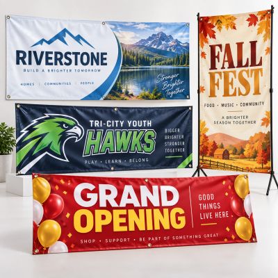 Four colorful banners for different events and organizations.