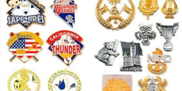 Collection of colorful sports patches and metallic pins.
