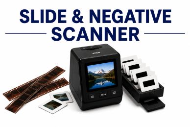 Slide and negative film scanner with display screen.