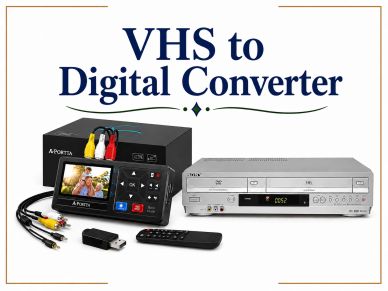 VHS to digital converter device with cables and remote.