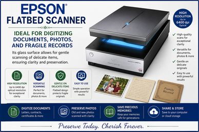 Epson flatbed scanner ideal for digitizing documents and photos.