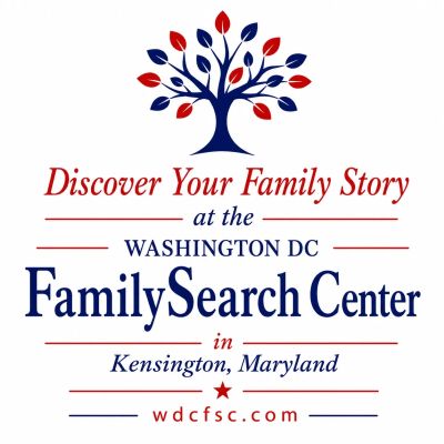 Logo for Washington DC FamilySearch Center promoting family history discovery.