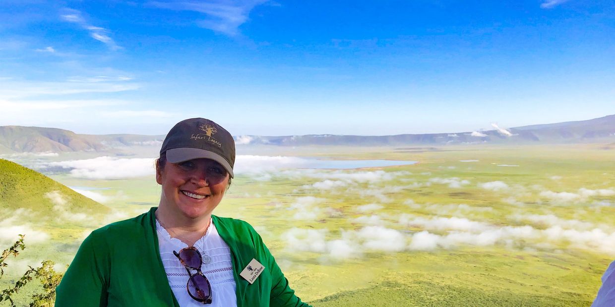 Laura standing at a lookout at Ngorongoro Crater