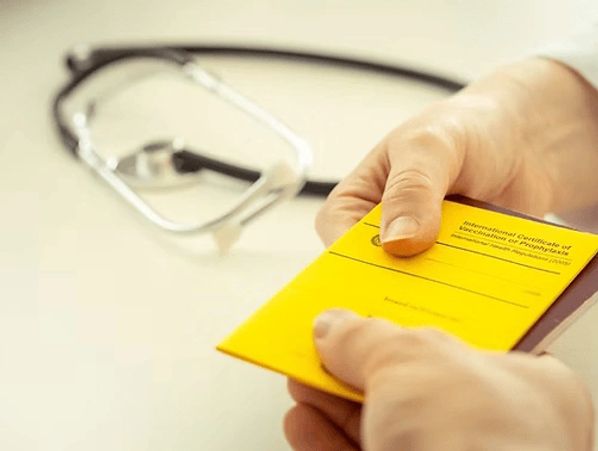 Yellow Fever vaccine certificate being handed to patient by health care professional.