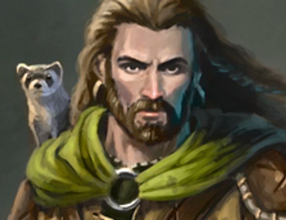 A fantasy warrior with a ferret companion on his shoulder.