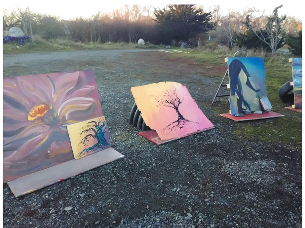 Art by Lindsay Bryant First Art show corful Paintings in Parking lot humble beginings in Humboldt co