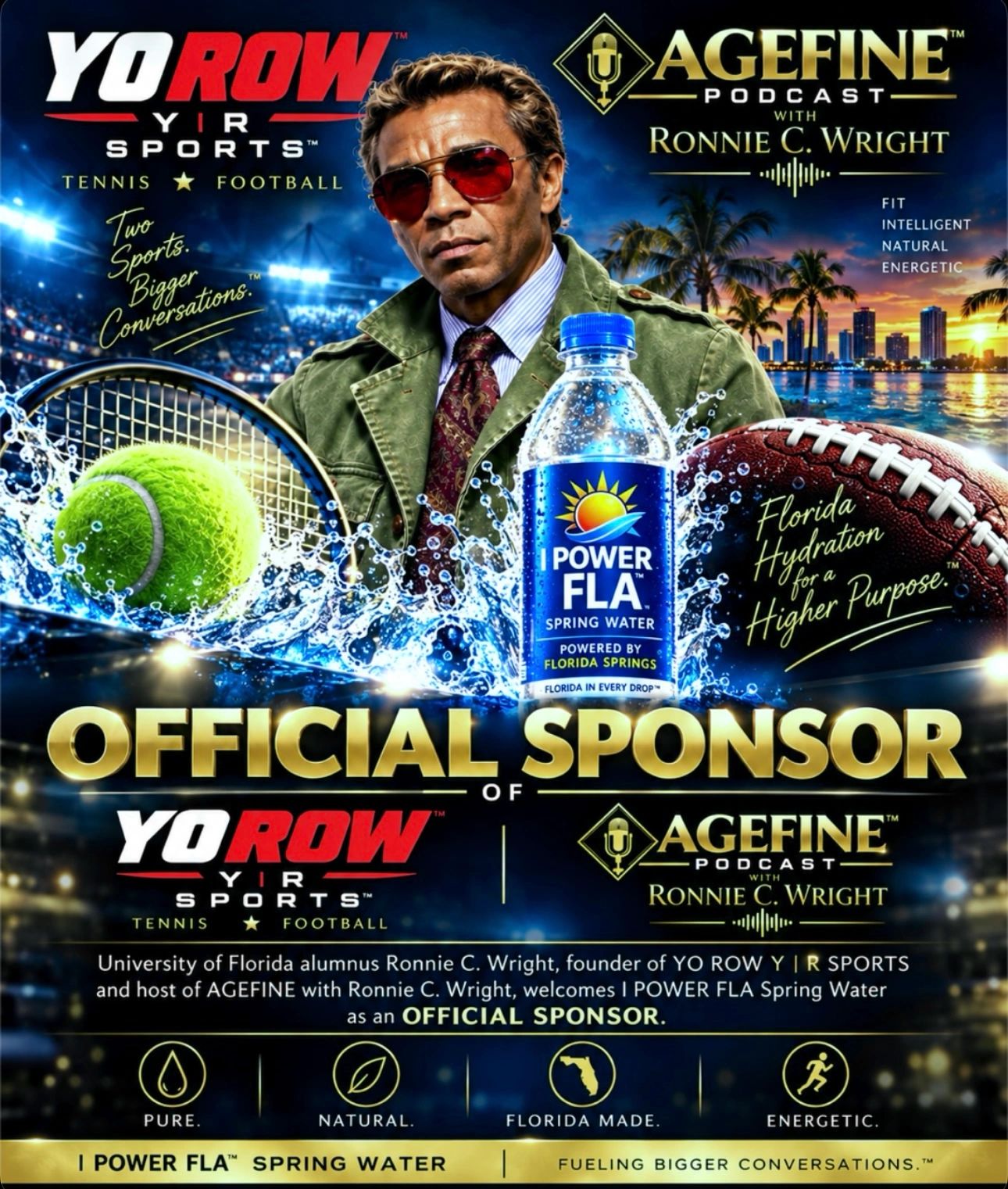 Official sponsorship announcement featuring I POWER FLA spring water.