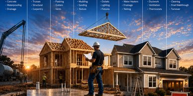 Construction workers building a residential house during sunset with tools and blueprints.