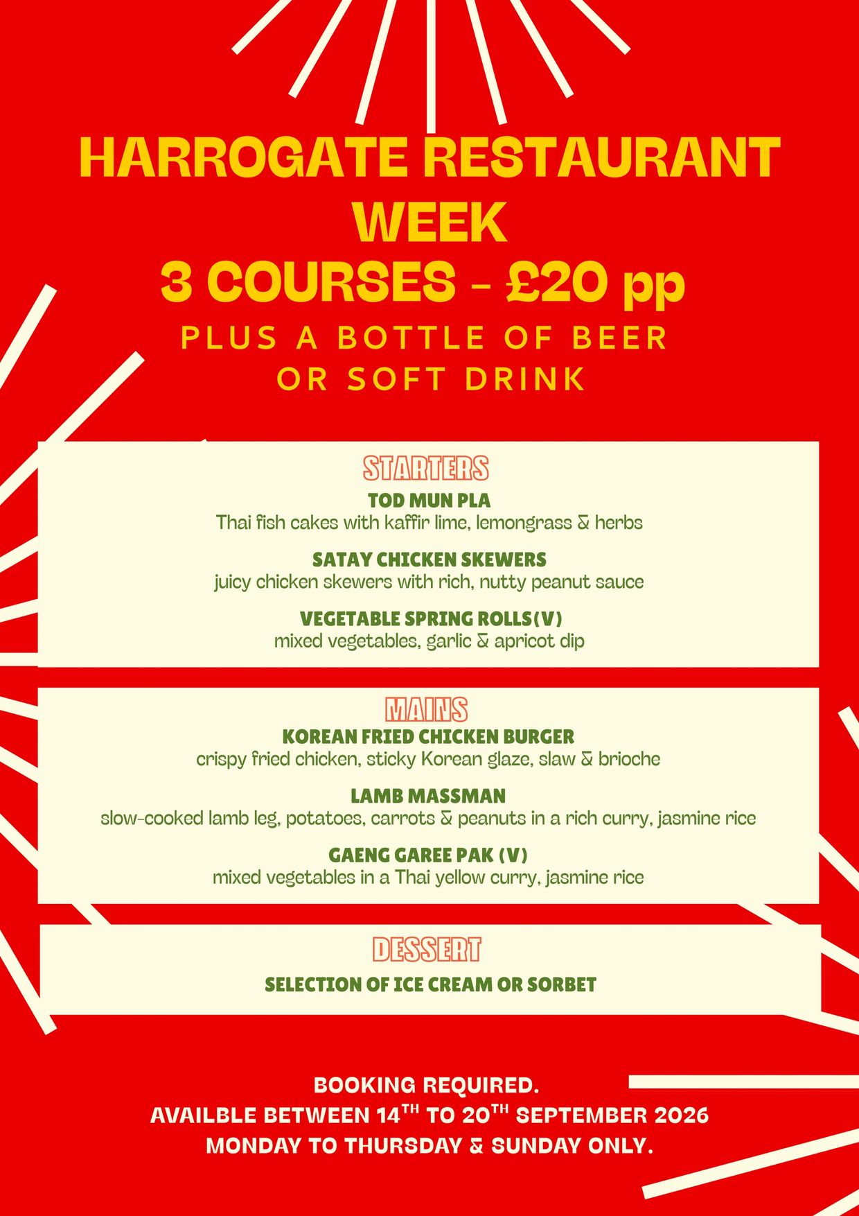 Harrogate Restaurant Week menu with 3 courses for £20 plus drink.