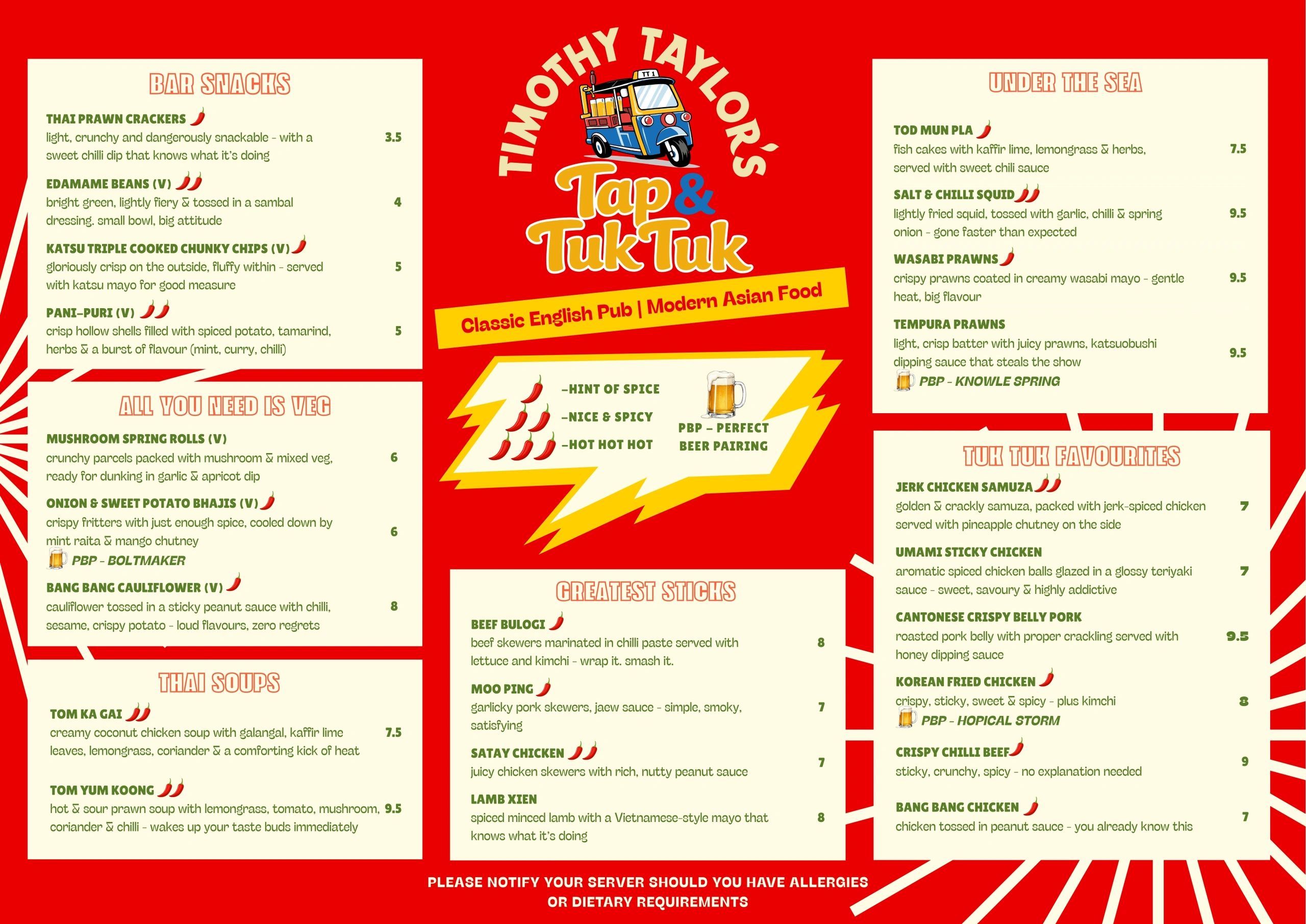 Timothy Taylor's Tap & Tuk Tuk menu with spicy Asian dishes and classic pub pairings.