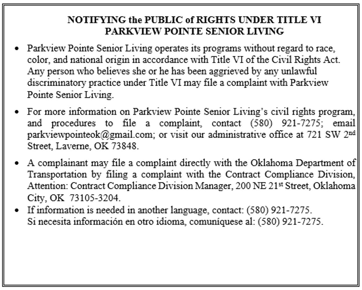 Parkview Pointe Senior Living informs public of Title VI rights and complaint procedures.