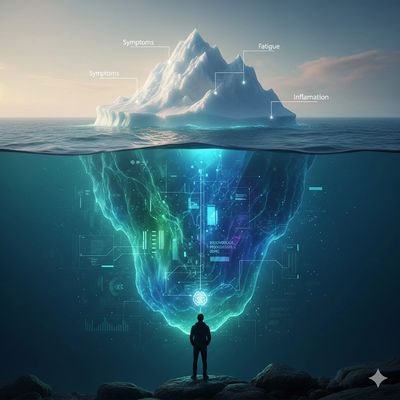 Representación visual del metabolismo como un iceberg: los síntomas visibles como fatiga,inflamación