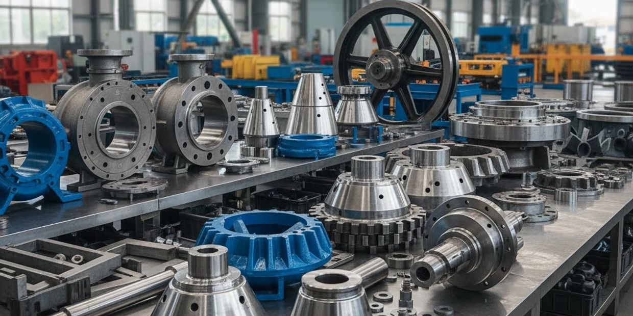 Metal industrial machine parts arranged on a workshop table.