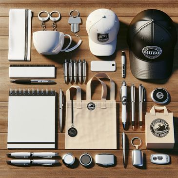 Branded merchandise including caps, pens, bags, and keychains neatly arranged on wooden surface.
