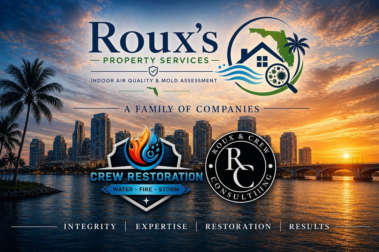 Logos of Roux's Property Services and Crew Restoration over a sunset cityscape.
