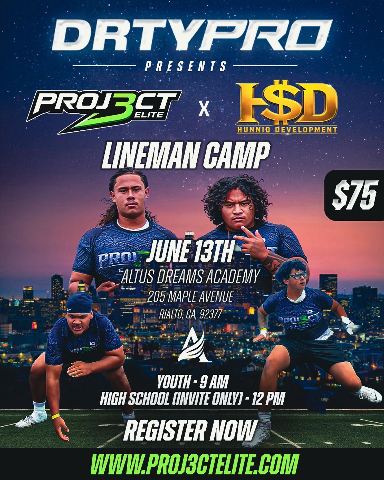 Flyer for Lineman Camp on June 13th at Altus Dreams Academy.