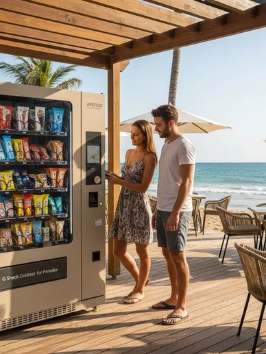 Two people skipping the que for drinks and snacks at beach side cafe restaurant.