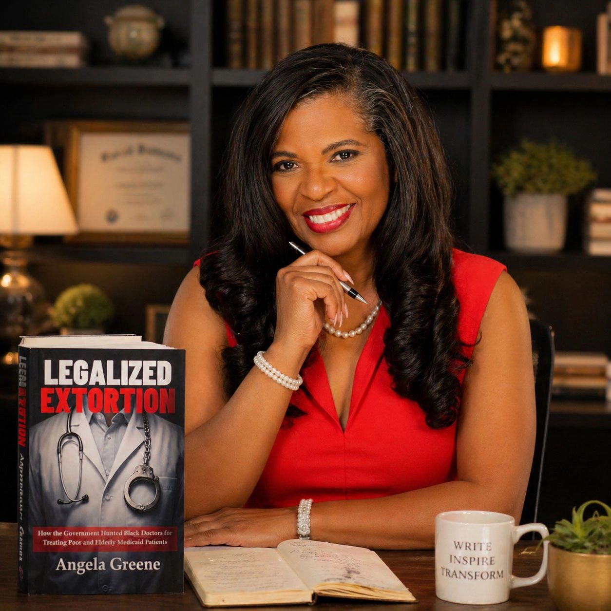 Smiling woman in red with a book titled 'Legalized Extortion' and a mug that says 'Write Inspire Transform'.