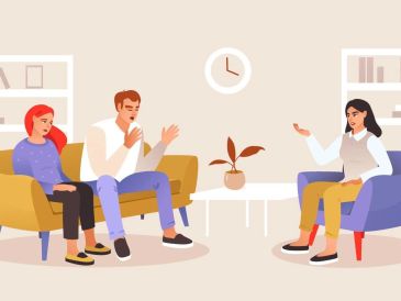 Three people in a therapy or counseling session.