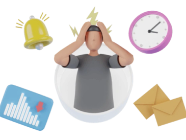 Person stressed with notifications and time pressure icons.