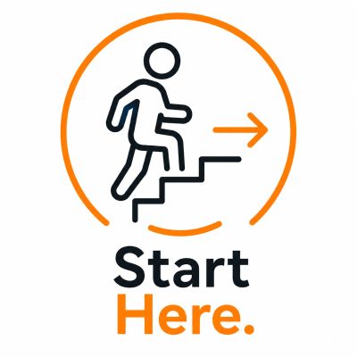 Icon of person climbing stairs with text 'Start Here.'