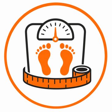 Weighing scale with footprints and measuring tape icon.