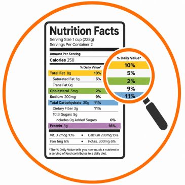 Nutrition facts label with serving size and daily values.