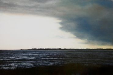 Painting of dark clouds and bright sky at sunset, a weather system pushing in over the water