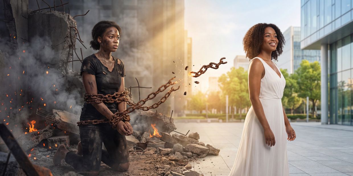 A woman breaks free from chains and despair to embrace freedom and hope.