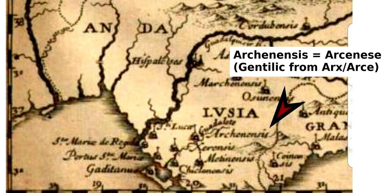 Lubin, Orbis Augustinianus (Paris, 1659). Arcos de la Frontera as Archenensis = Arcenese.
