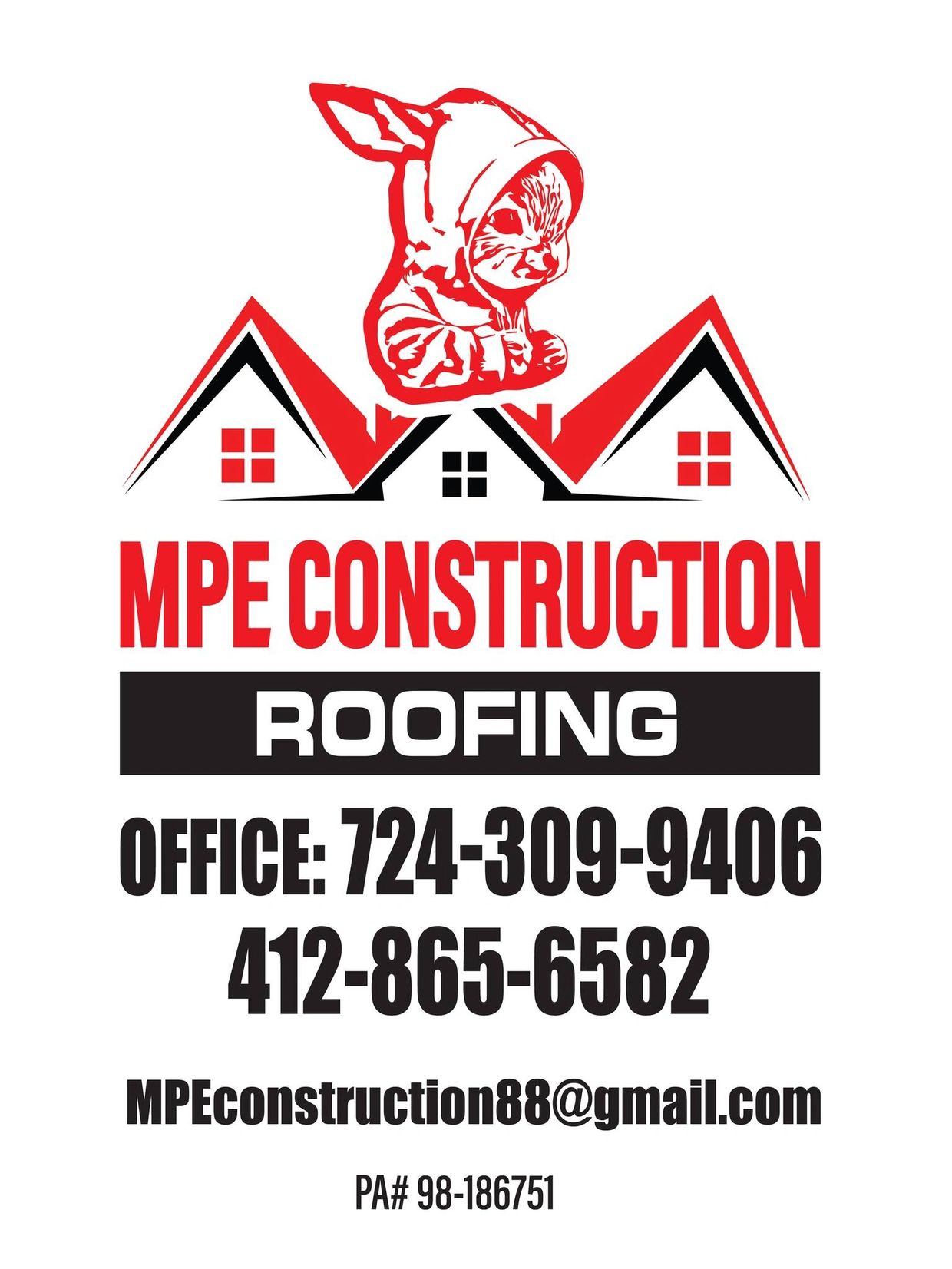 MPE Construction Roofing logo with contact details and a cat in a hoodie graphic.