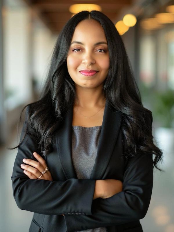 Confident woman with long black hair in a black blazer, smiling with arms crossed.