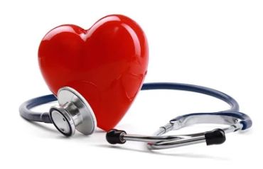 Red heart with stethoscope representing heart health.