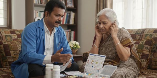 Doctor consulting elderly woman about medication.