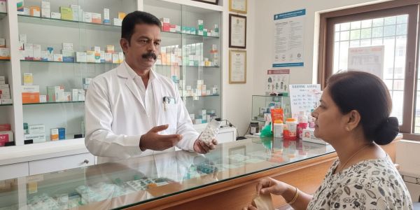Pharmacist consulting a female customer in a pharmacy.