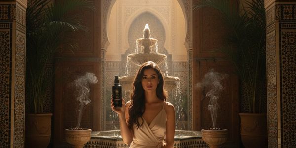 A woman in a hammam holding a bottle of Royal Oil Oud