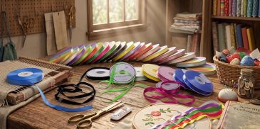 Taller de costura con cintas y materiales coloridos.
