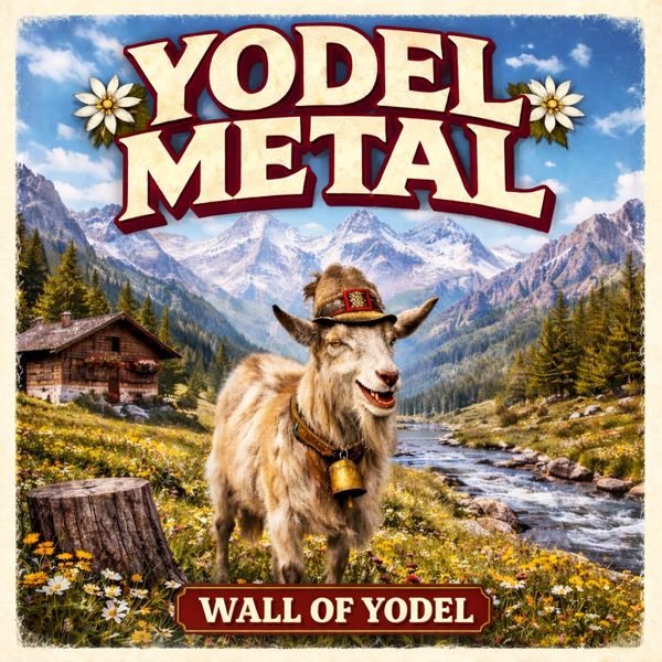 A cheerful goat in a hat with mountains in the background under 'Yodel Metal' text.