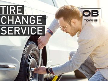 tire change tire service, flatbed tow truck roadside assistance OB Towing, gas delivery towing