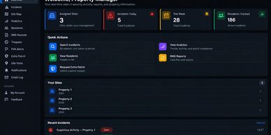 Secure property management client portal for security reports, patrol activity, and incident logs.