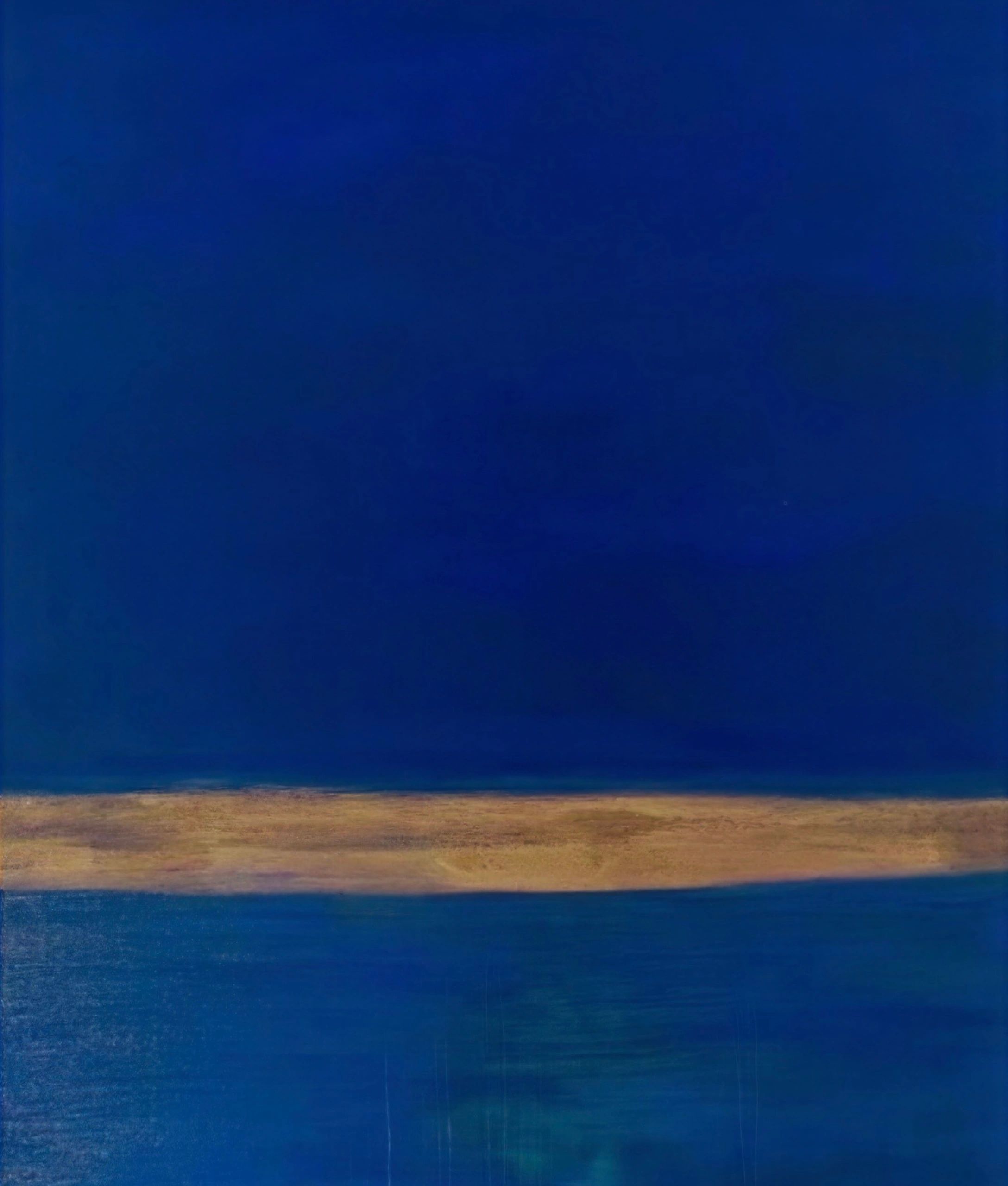 Abstract landscape painting with blue sky, brown land, and water.