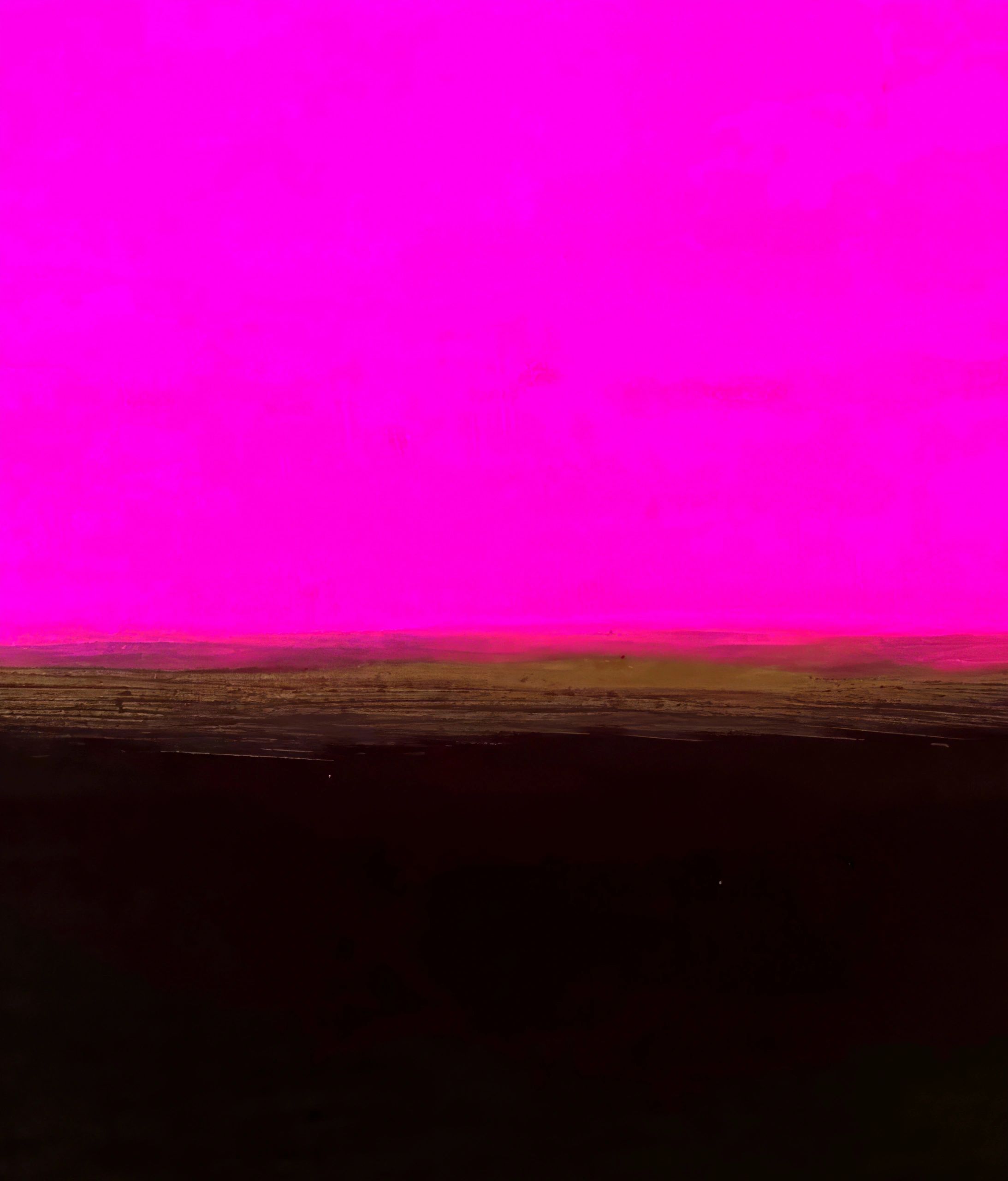 Abstract painting with vivid magenta and dark brown layers.