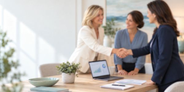 Businesswomen shaking hands in office.