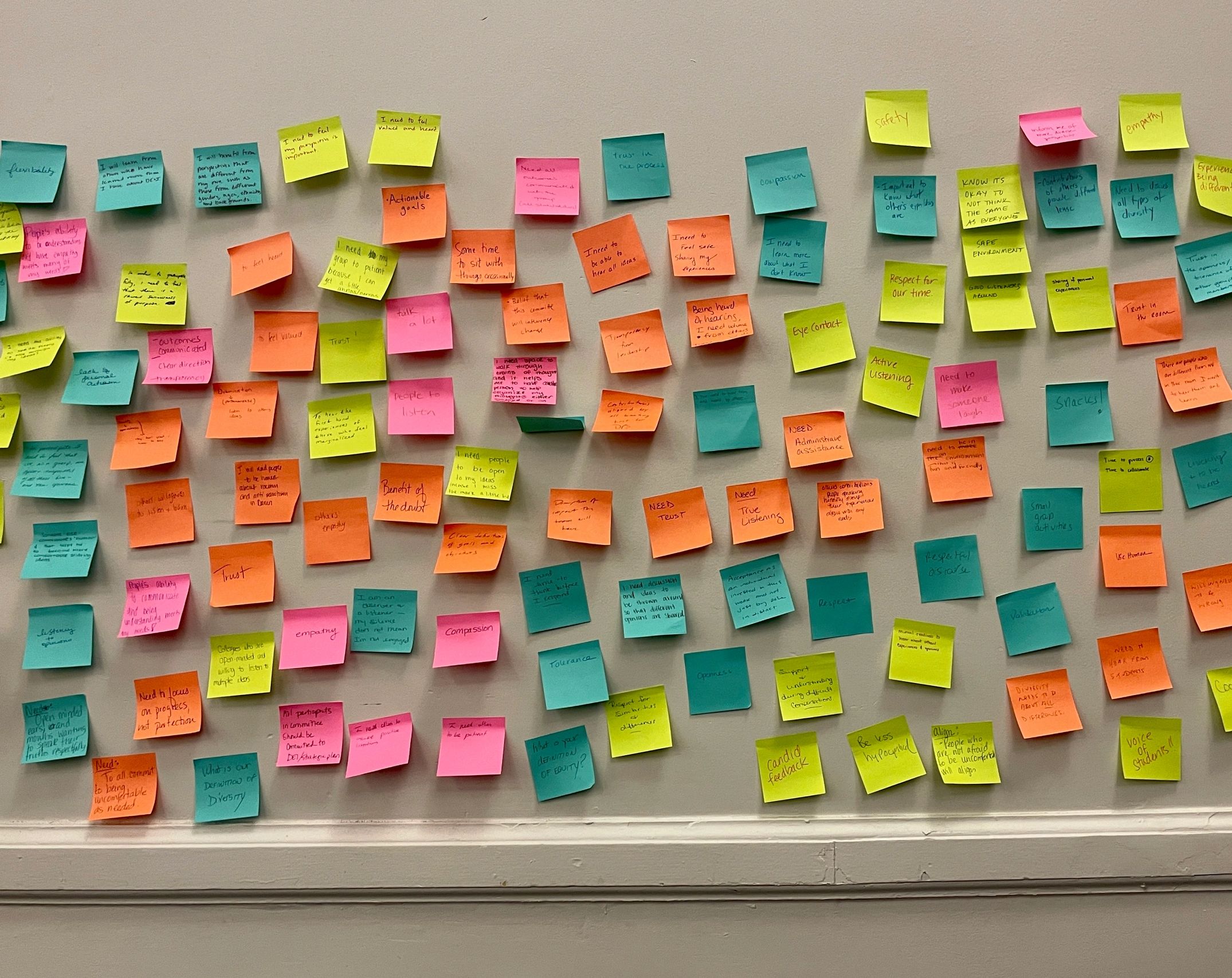 Notas adhesivas de colores con mensajes sobre diversidad y escucha.