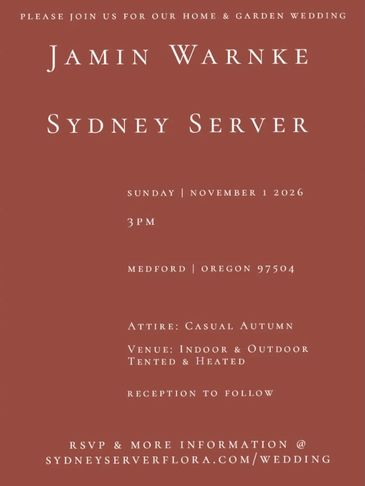 Wedding invitation for Jamin Warnke and Sydney Server on November 1, 2026.
